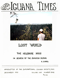 Cover image with black text reading Iguana Times: Lost World. Photo of man in white shirt and hat looking out over the Hellshire Hills.