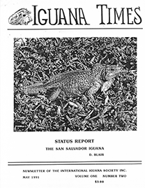 White page with black text reading Iguana Times: Status Report: The San Salvador Iguana. Grayscale photo of an iguana on organic matter.