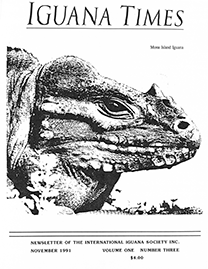 White page with black text reading Iguana Times: Mona Island Iguana. Image portrays a photocopied, black and white image of an Iguanas head in profile.