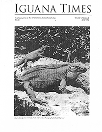 White Page with black text reading Iguana Times. Grayscale Image of an Iguana on Sunny Rocks.
