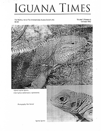 White Page with black text reading Iguana Times. Two Grayscale photos of Iguanas, the top one depicting a Hybrid Cayman Iguana and the bottom showing an Iguana, Iguana.