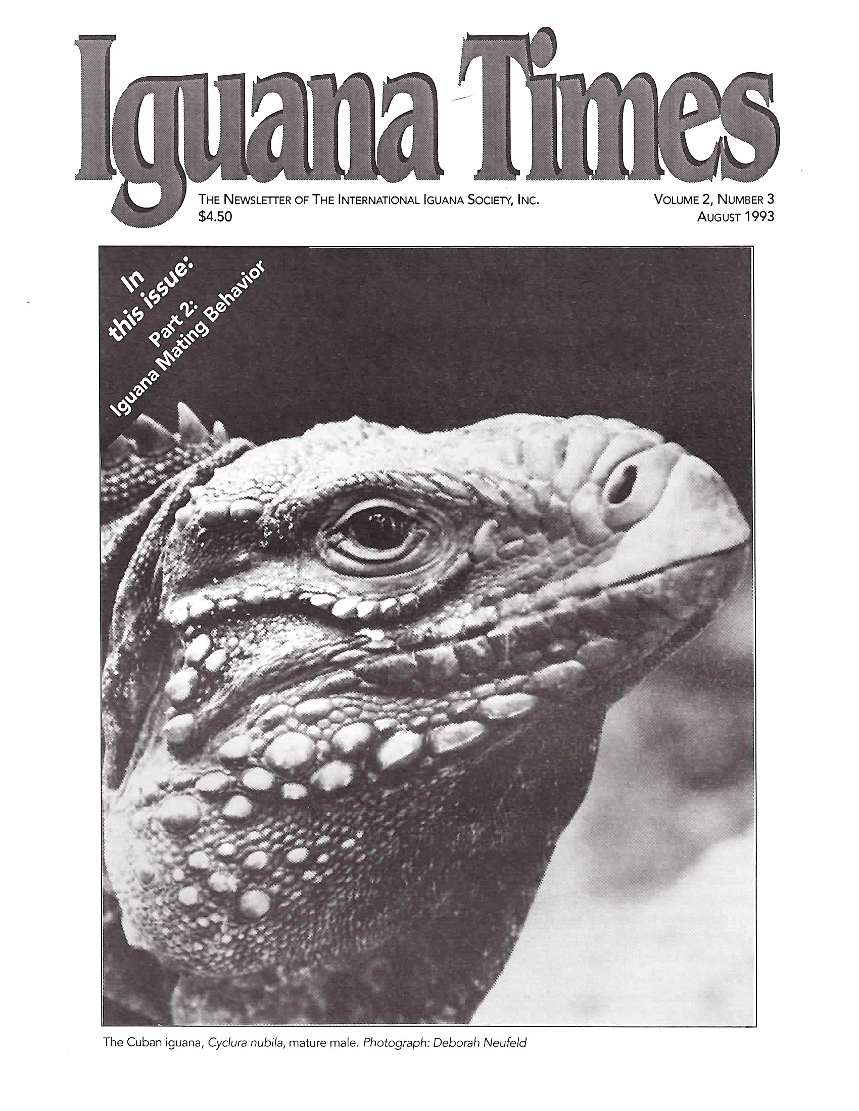 White Page with Half Tone text reading Iguana Times. Grayscale Photo depicting an up close profile of The Cuban Iguana with white text reading, “In this issue: Part 2: Iguana Mating Behavior”.