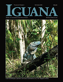 Black Page with turquoise text reading Iguana. Color Photo depicts a Grand Cayman Blue Iguana in a forest on Grand Cayman, Cayman Islands. It has stunning turquoise blue scales and looks at the viewer with a regal gaze.
