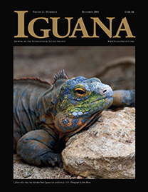 Black Page with golden brown text reading Iguana. Color Photo depicts a San Salvador Rock Iguana resting on a rock. It has magnificent patterns of orange, blue, green, and yellow on its scales.