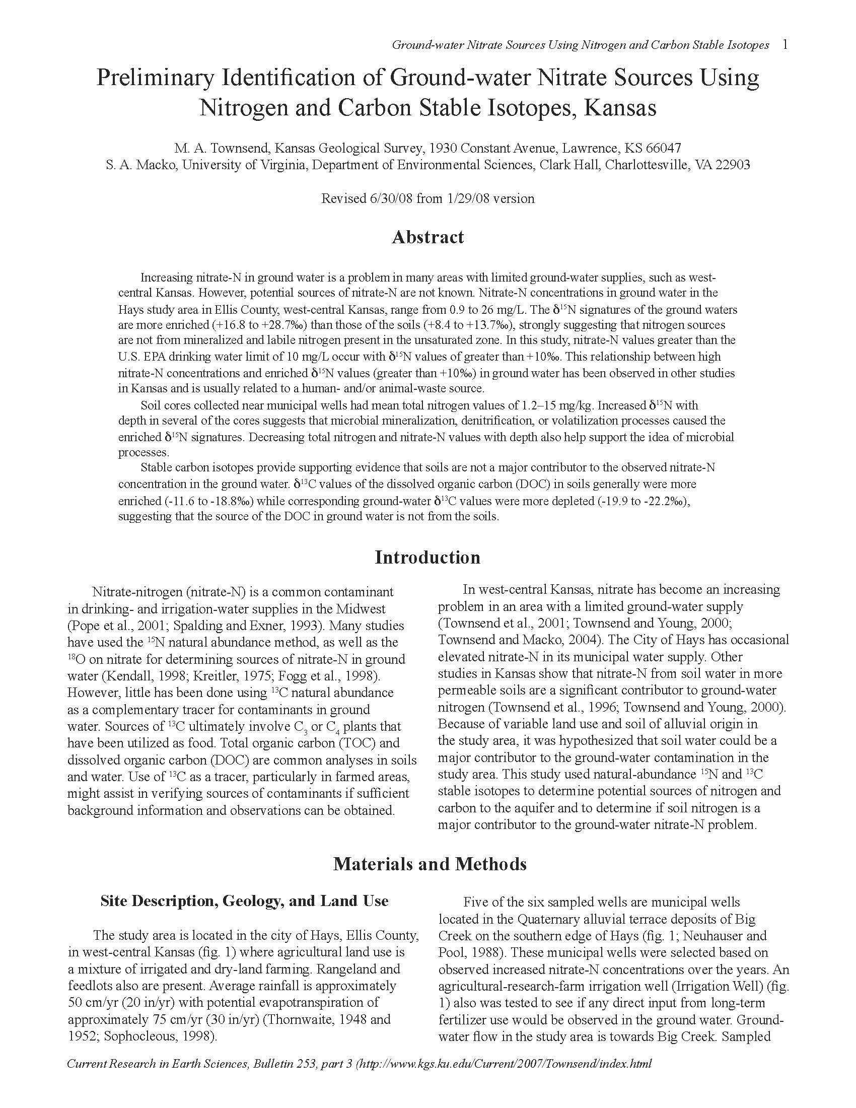 Preliminary Identification of Groundwater Nitrate Sources Using