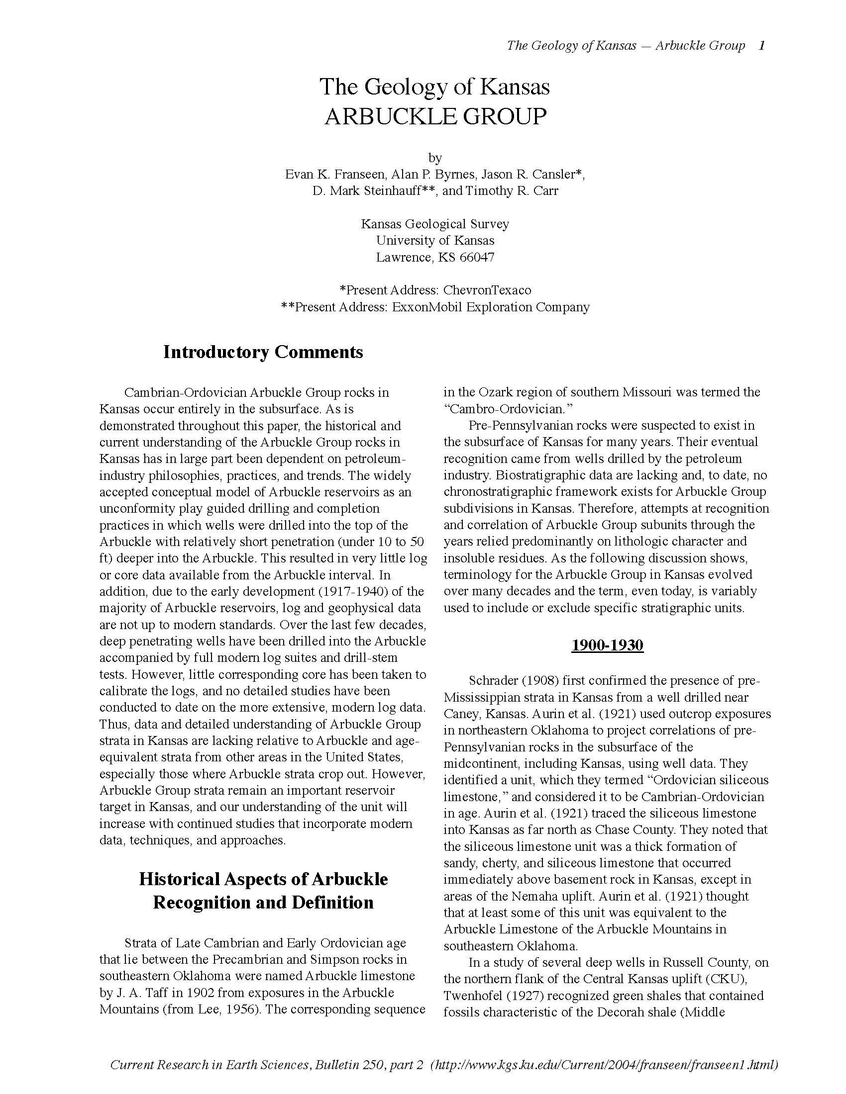 The Geology of Kansas ARBUCKLE GROUP Bulletin (Kansas Geological Survey)