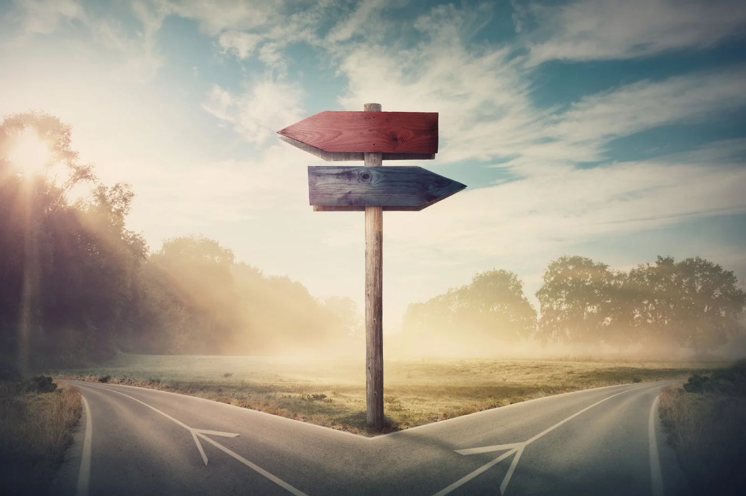 An image showing a road split into two paths. In the background is a blue sky with clouds. At the fork in the road is a signpost with two arrows, one pointing left and one pointing right.