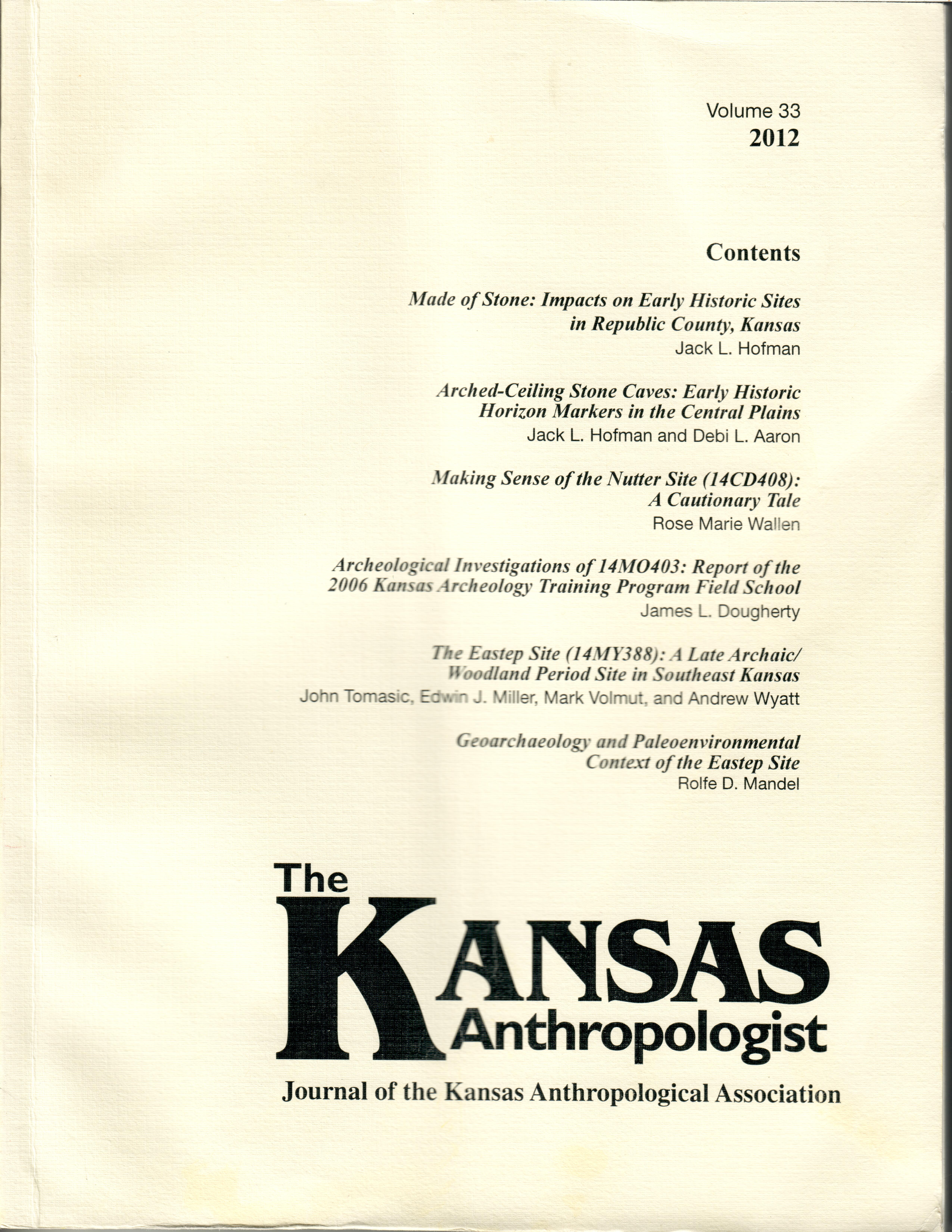 Cover of Volume 33 of Kansas Anthropologist