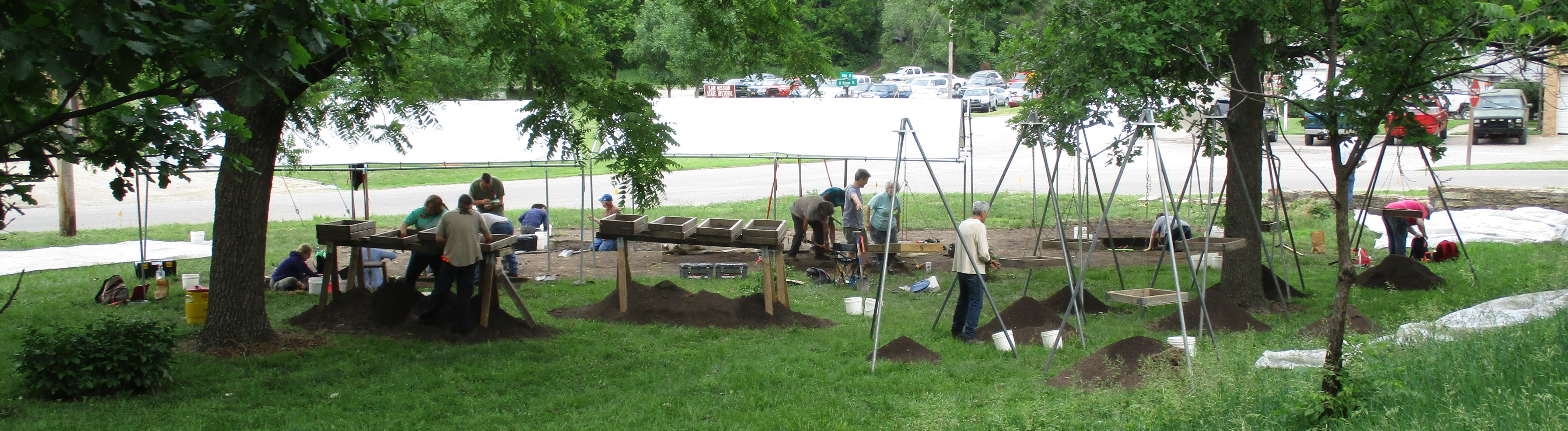 Avocational archeologists working under trees