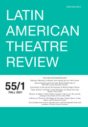 Aqua cover of Latin American Theatre Review, volume 55, number 1
