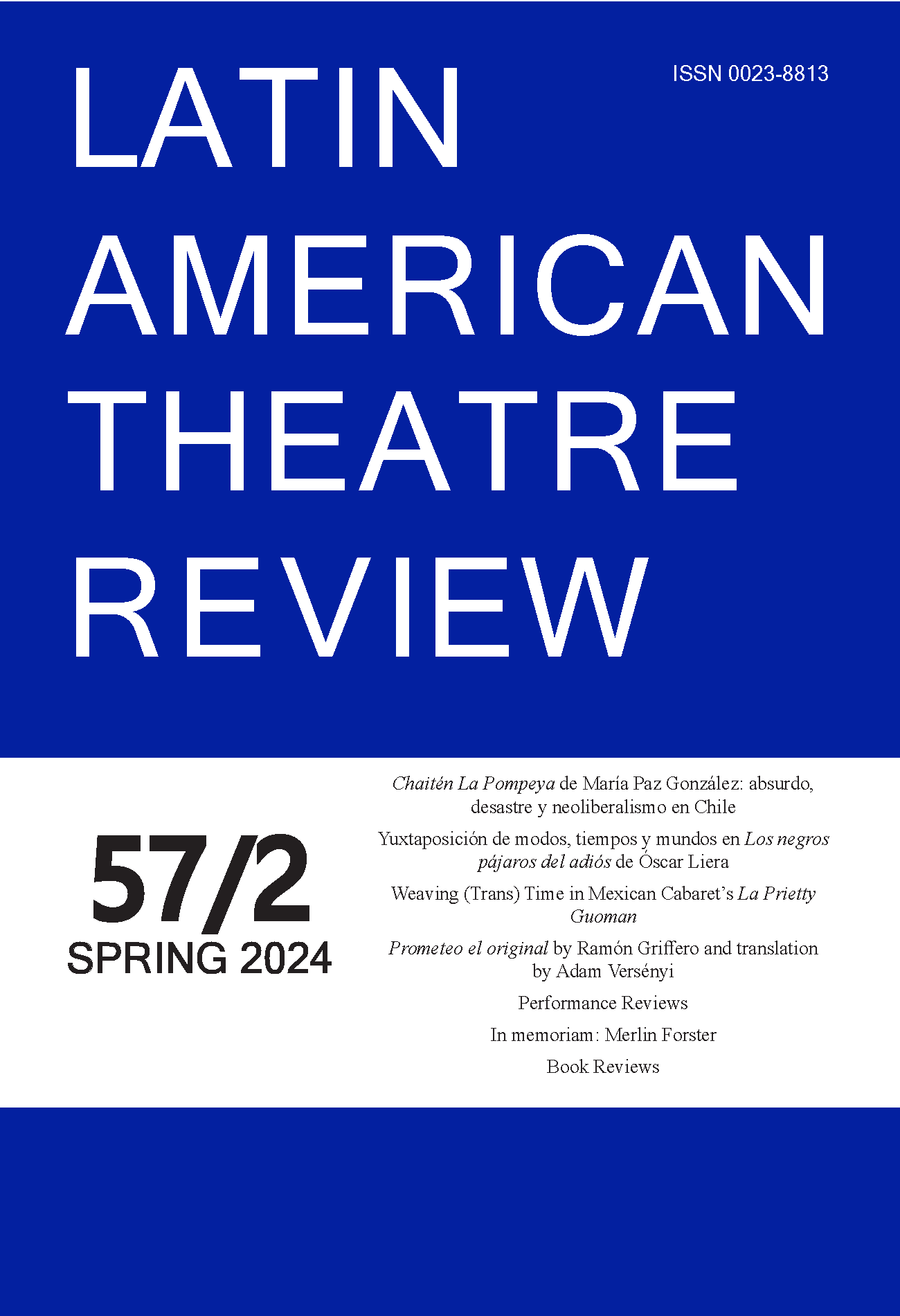 "Latin American Theatre Review" on a bright blue background