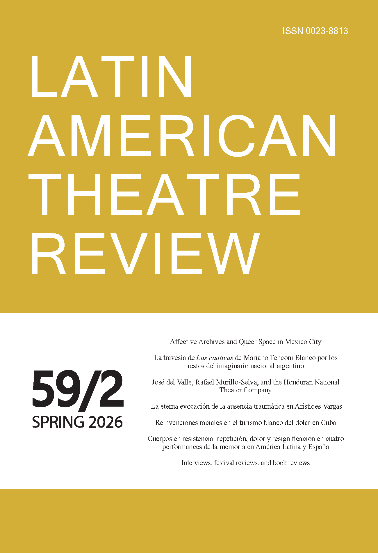 Cover of Latin American Theatre Review featuring the contents of the issue